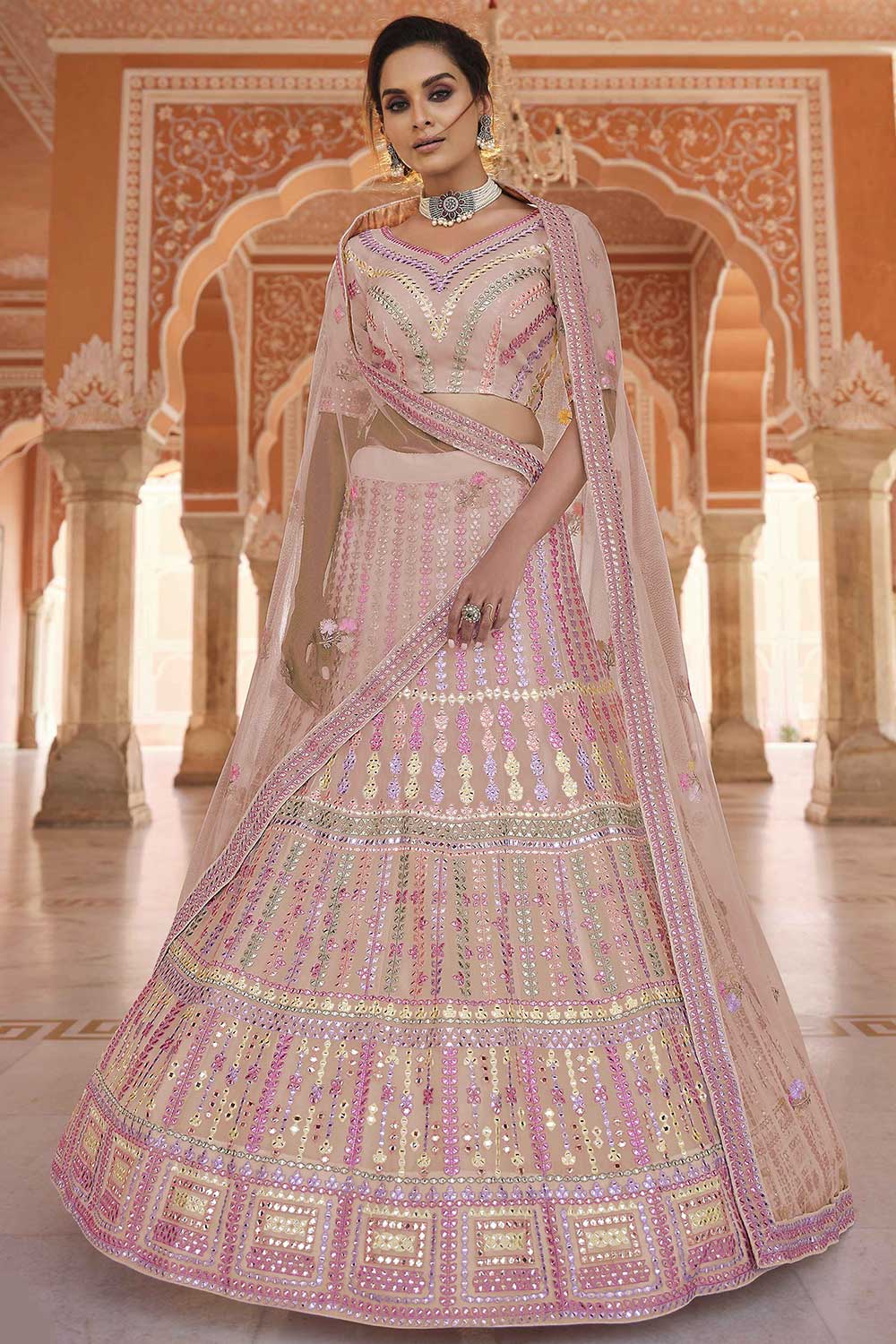 Peach Organza Embroidered Lehenga Choli