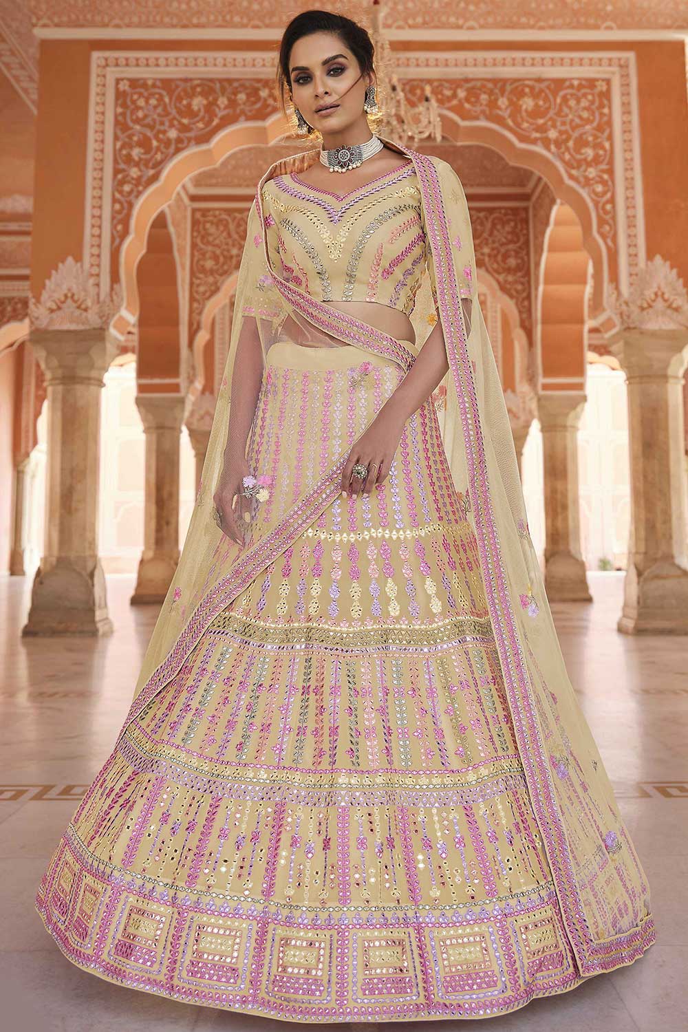 Yellow Organza Embroidered Lehenga Choli