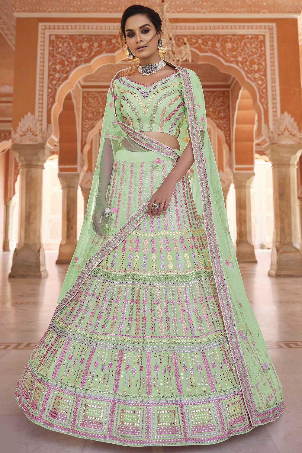 Light-Green Organza Embroidered Lehenga Choli