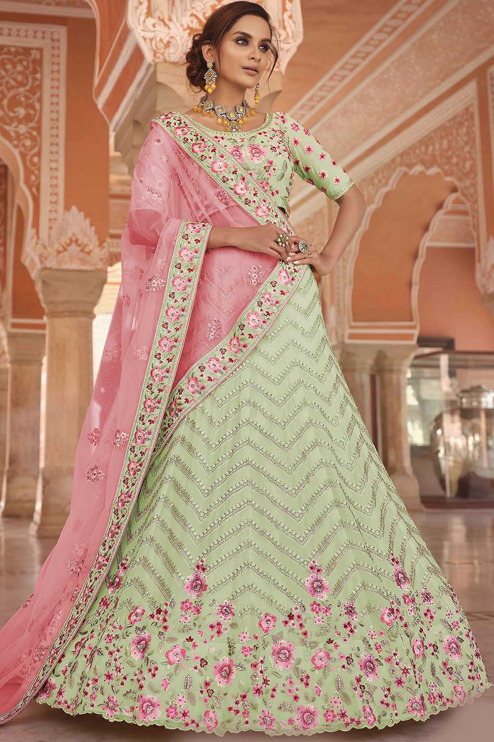 Light-Green Georgette Embroidered Lehenga Choli