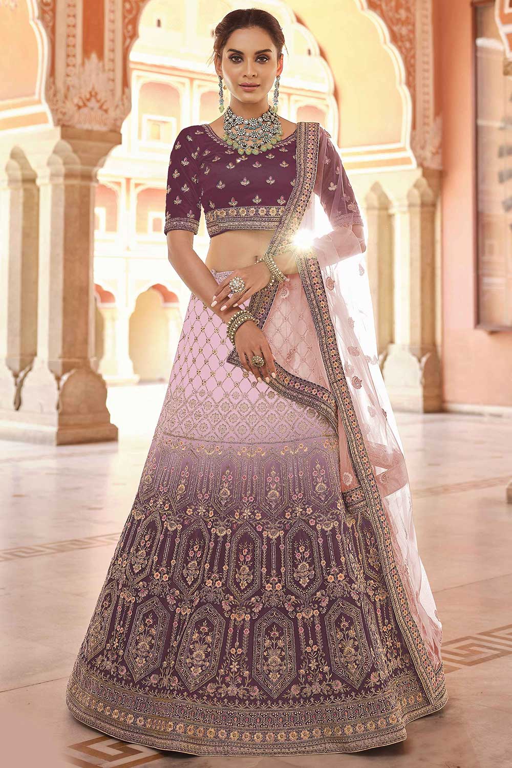 Wine Velvet Embroidered Lehenga Choli