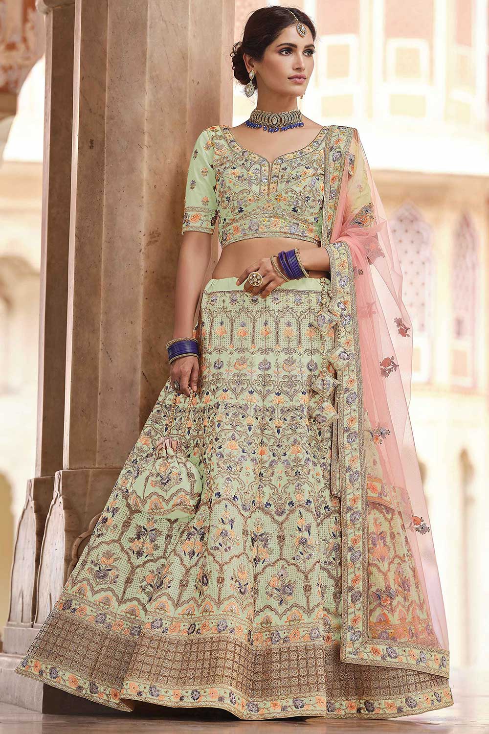 Light-Green Crepe Embroidered Lehenga Choli