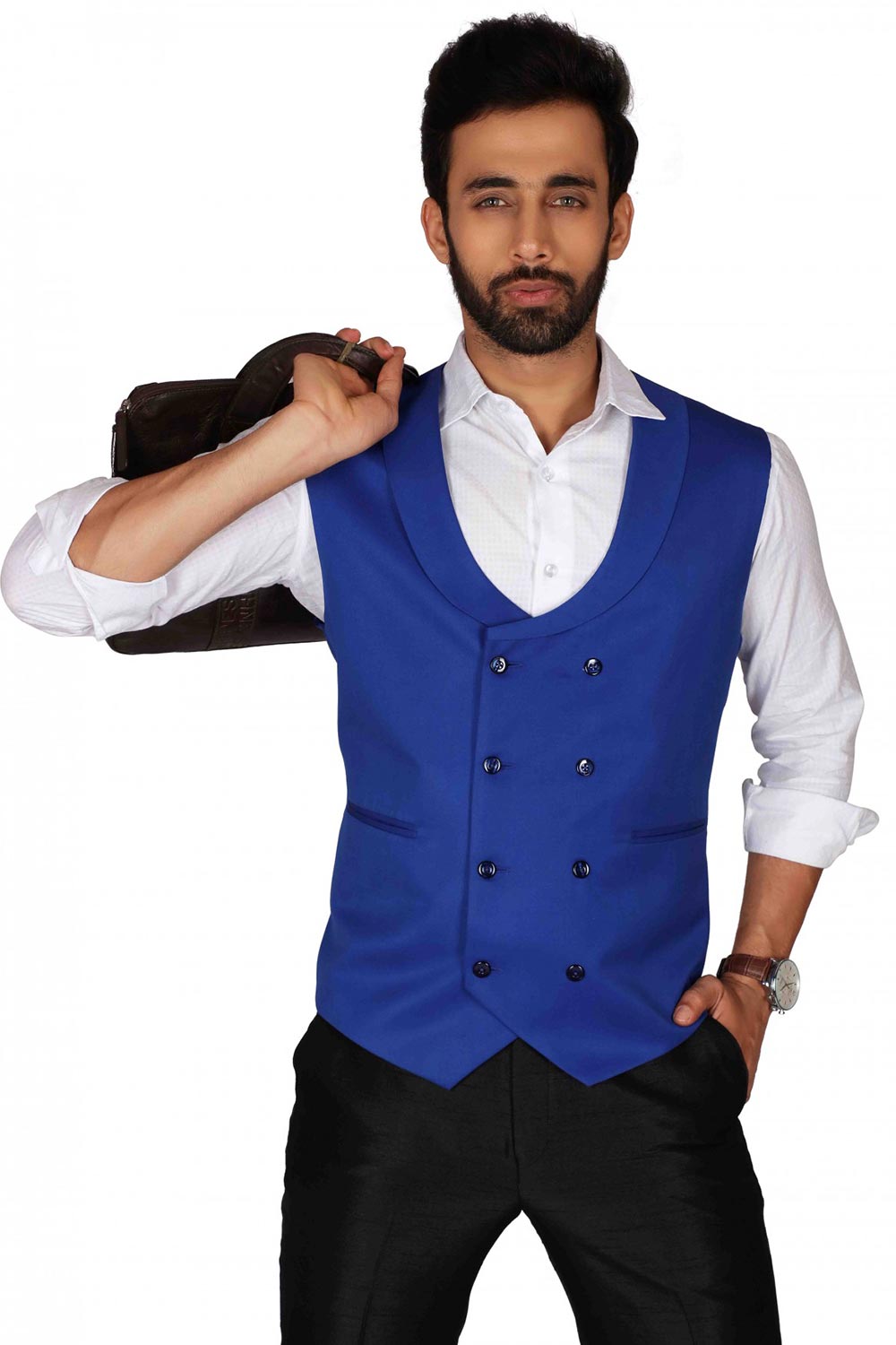 Buy Men's Suiting Fabric  Solid Waist Coat in Royal Blue  Online - Back