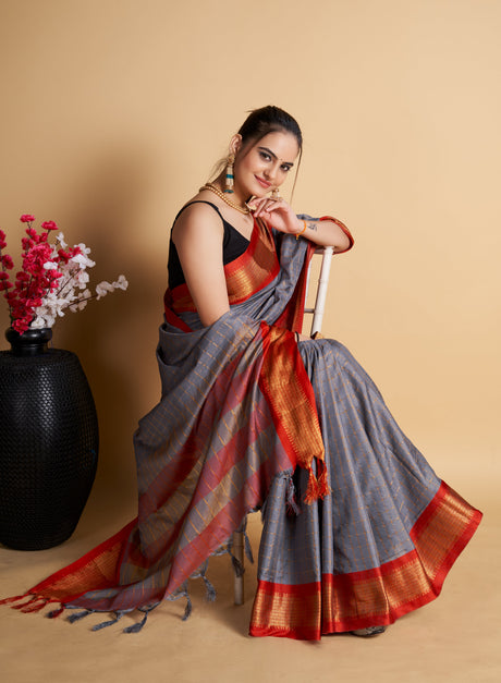 Grey Silk Blend Grey Saree