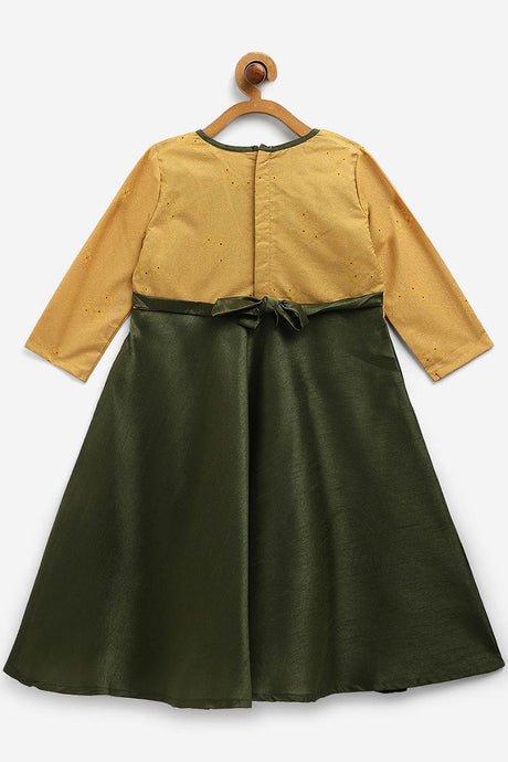 Girls Green Poly Silk Solid Kids Kurta Dress With Printed Jacket