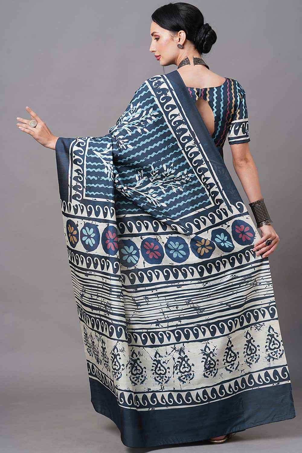 Bhagalpuri Silk Navy Blue Digital Print Designer Saree