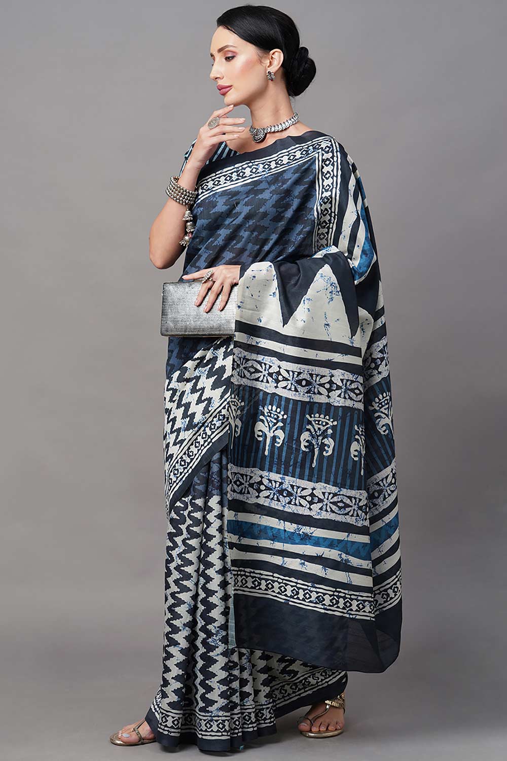 Bhagalpuri Silk Navy Blue Digital Print Designer Saree