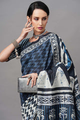 Bhagalpuri Silk Navy Blue Digital Print Designer Saree