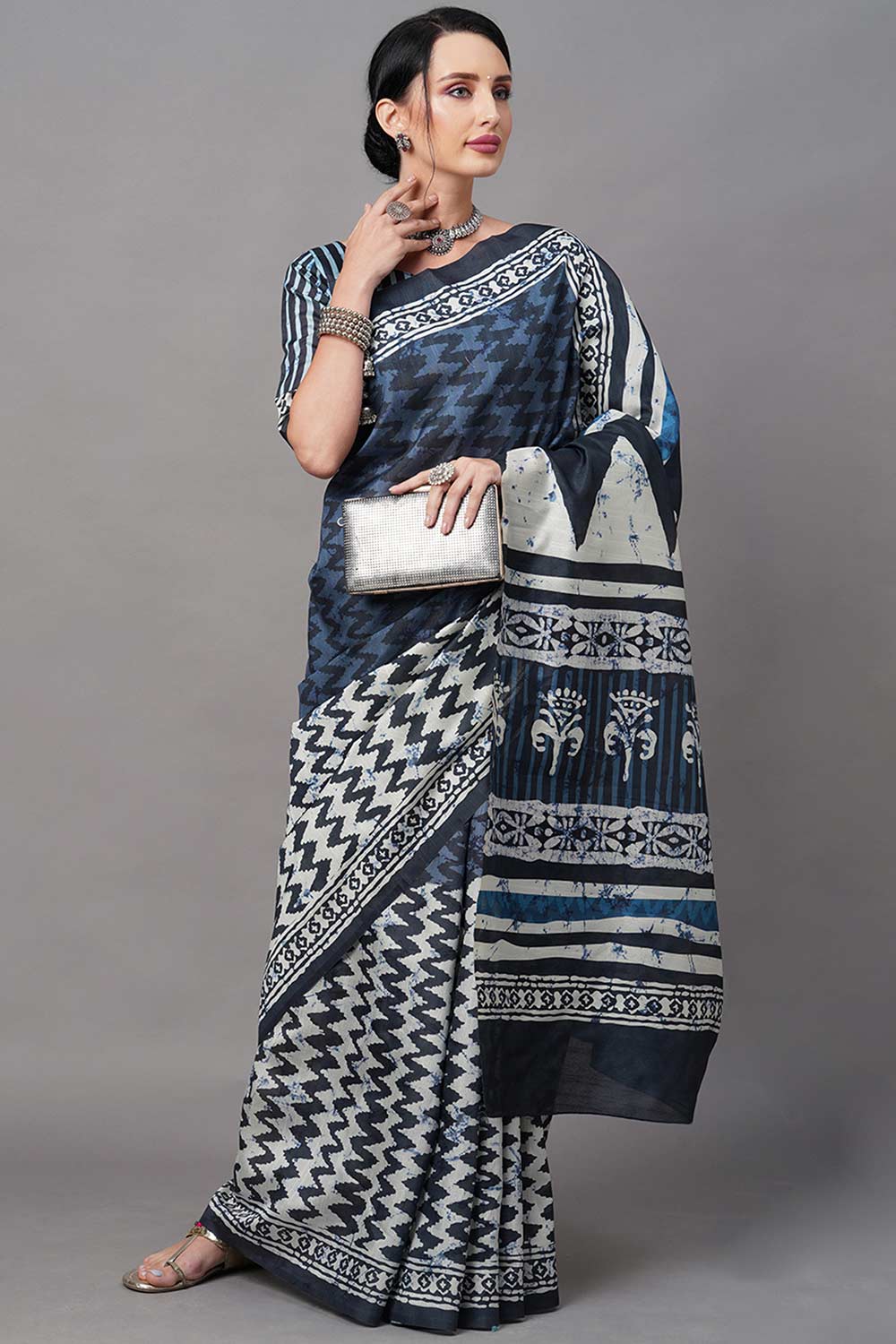 Bhagalpuri Silk Navy Blue Digital Print Designer Saree