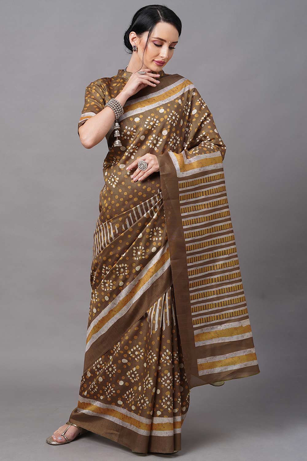 Bhagalpuri Silk Olive Digital Print Designer Saree