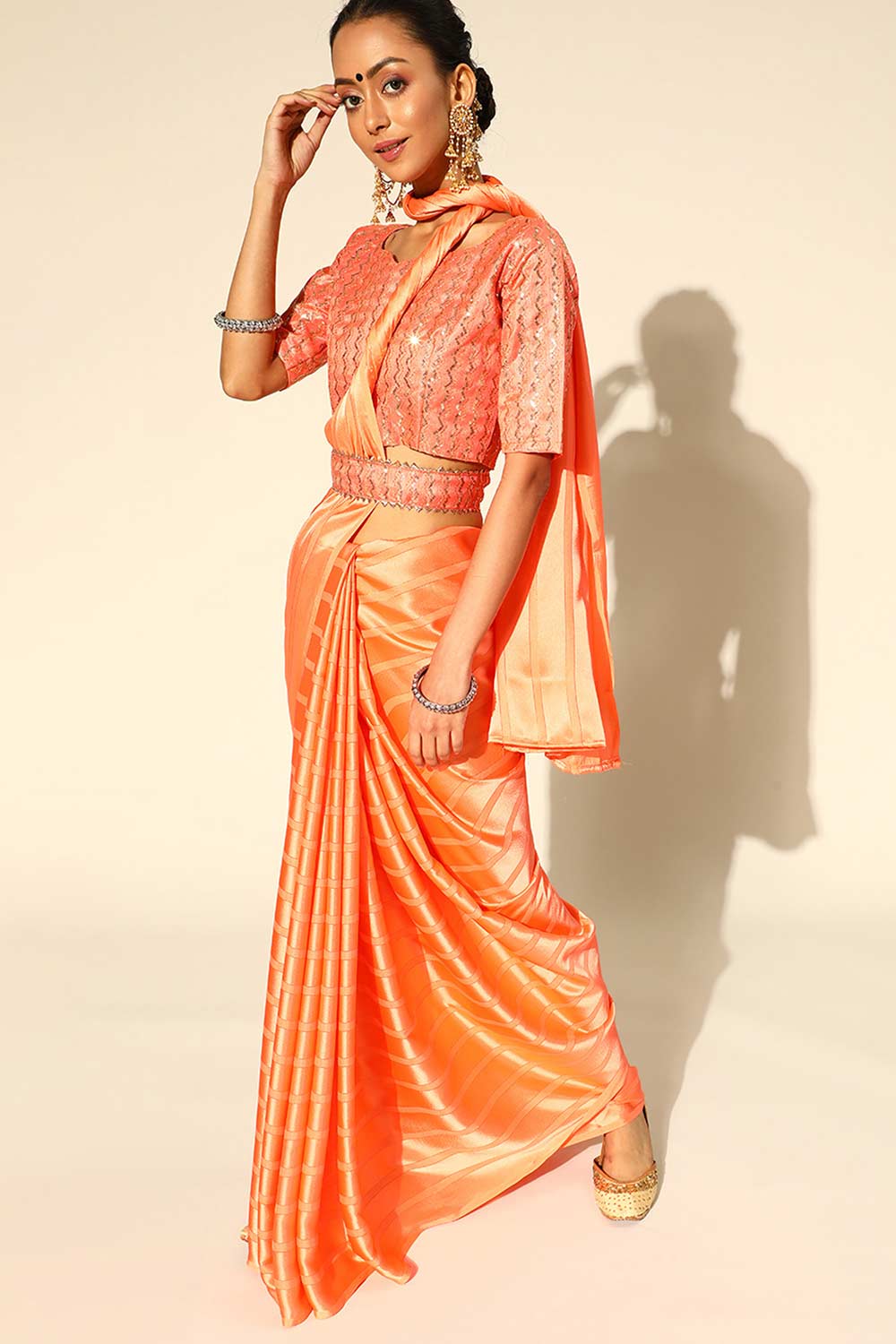 Orange Satin Stripe Embroidered Saree