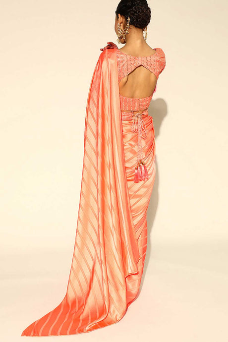 Orange Satin Stripe Embroidered Saree