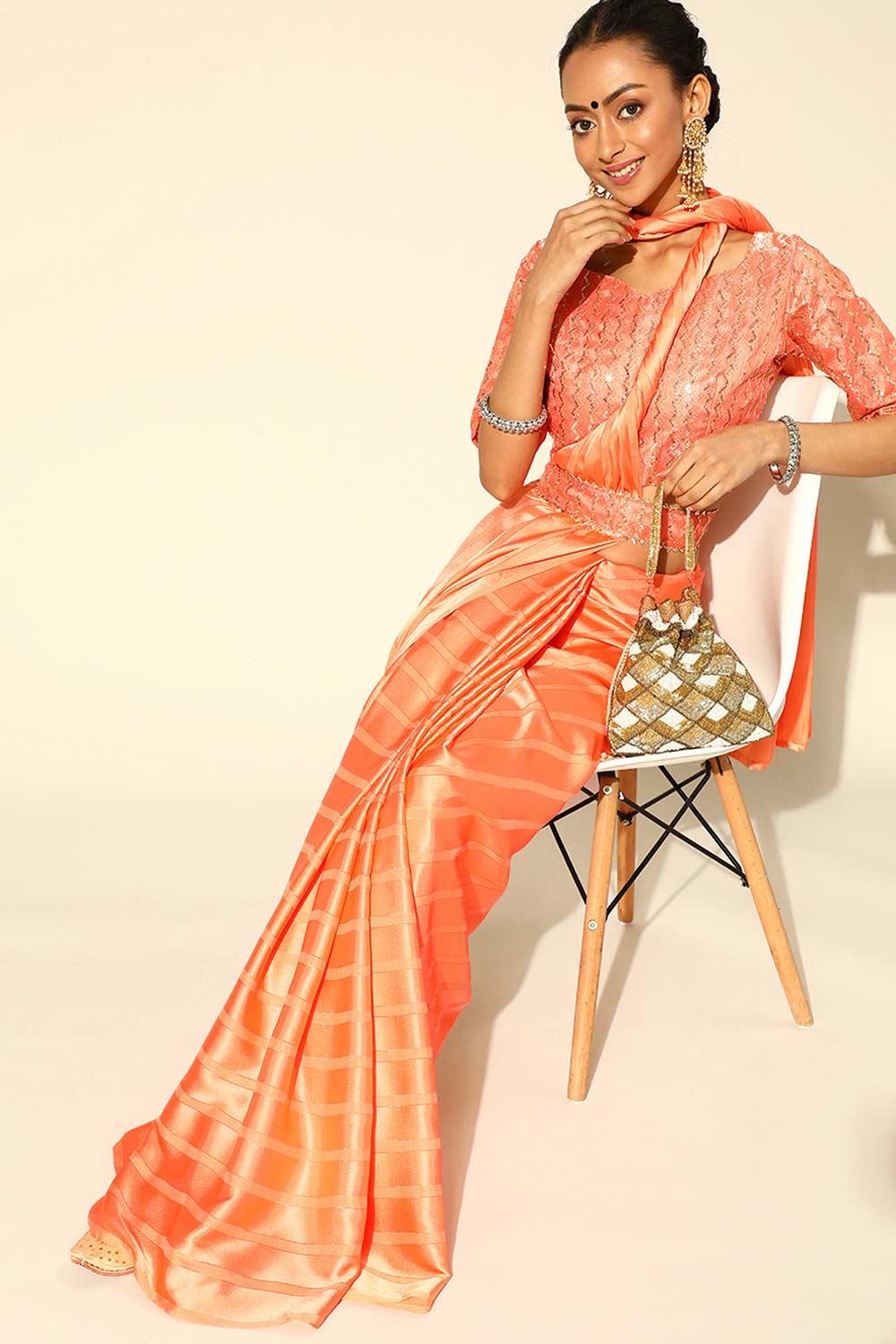 Orange Satin Stripe Embroidered Saree