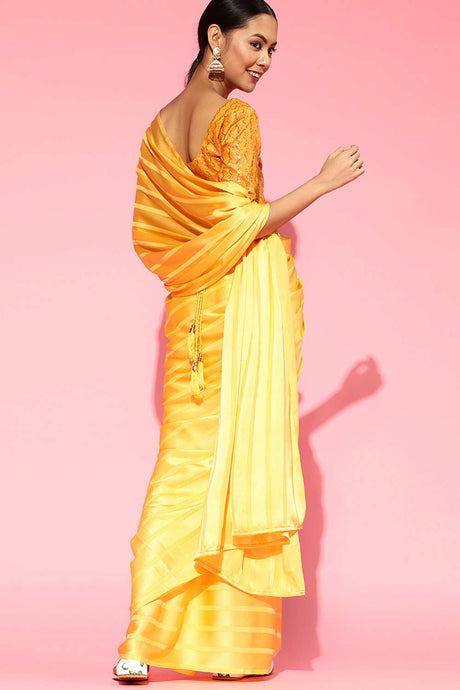 Yellow Satin Stripe Embroidered Saree