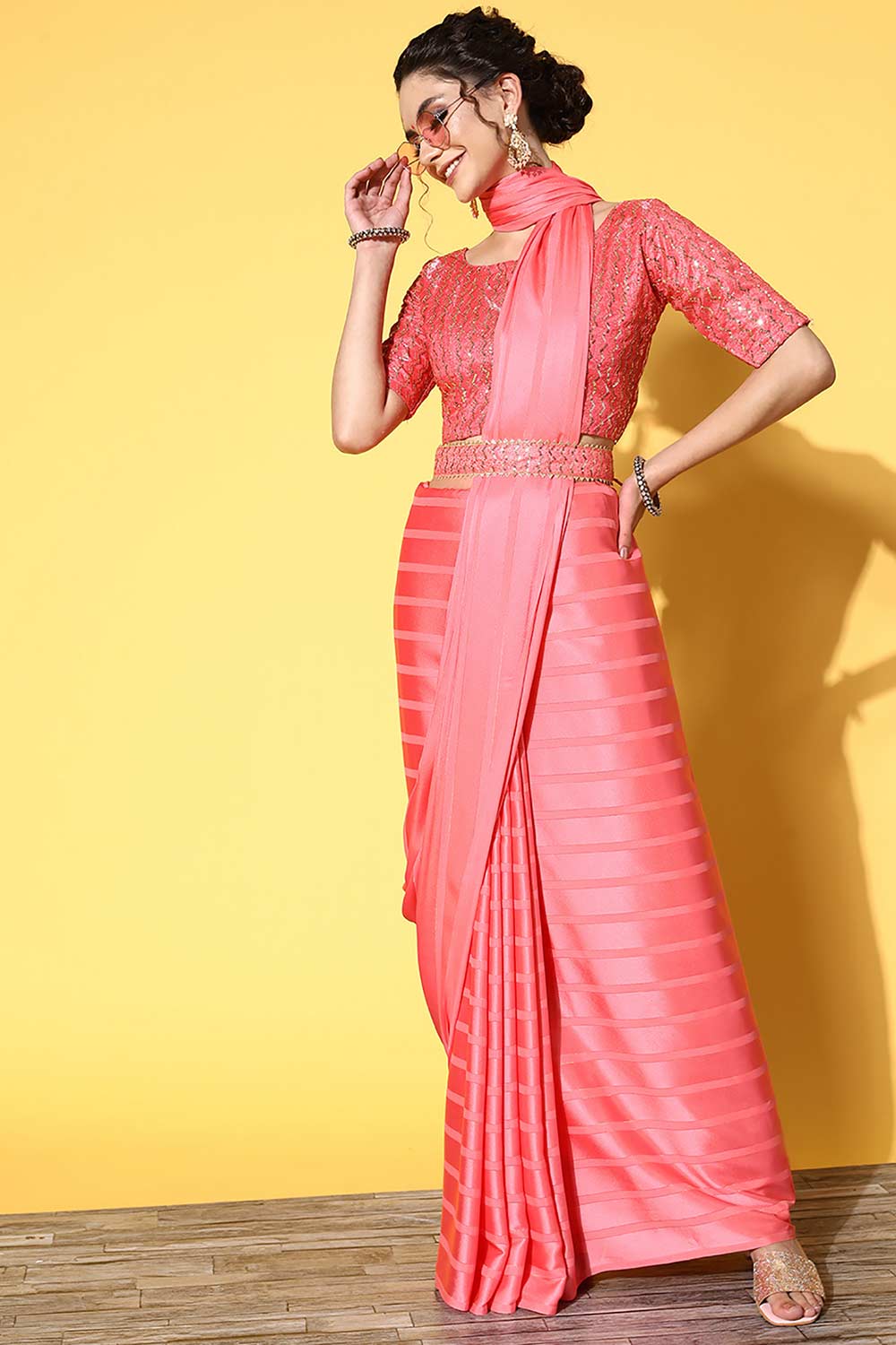 Pink Satin Stripe Embroidered Saree