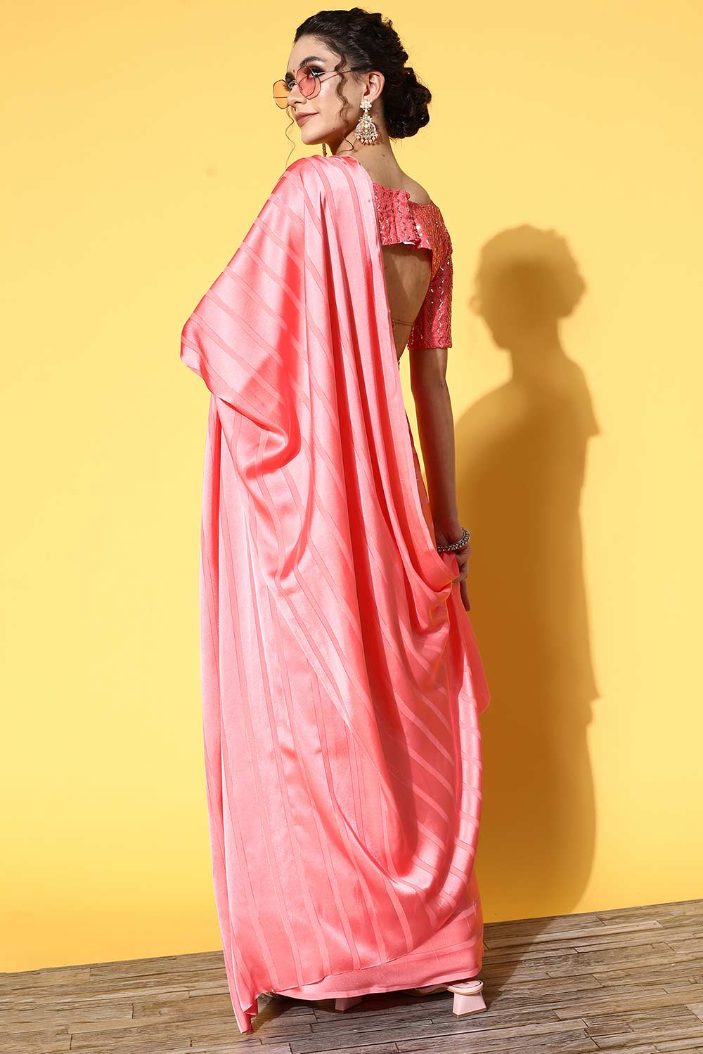 Pink Satin Stripe Embroidered Saree