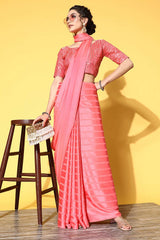 Pink Satin Stripe Embroidered Saree