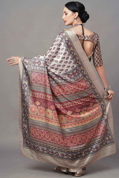 Dola Silk Beige Digital Print Designer Saree