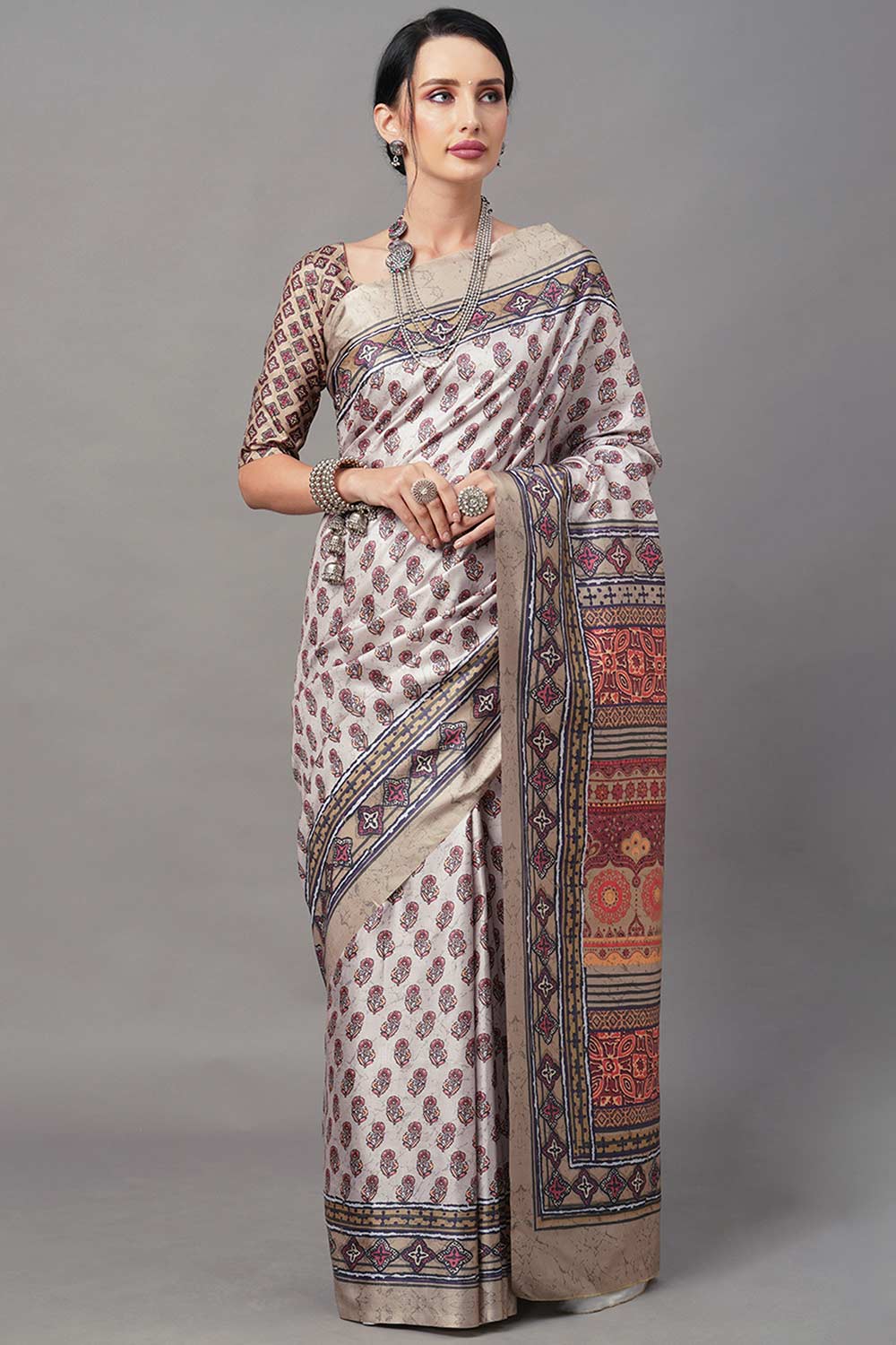 Dola Silk Beige Digital Print Designer Saree