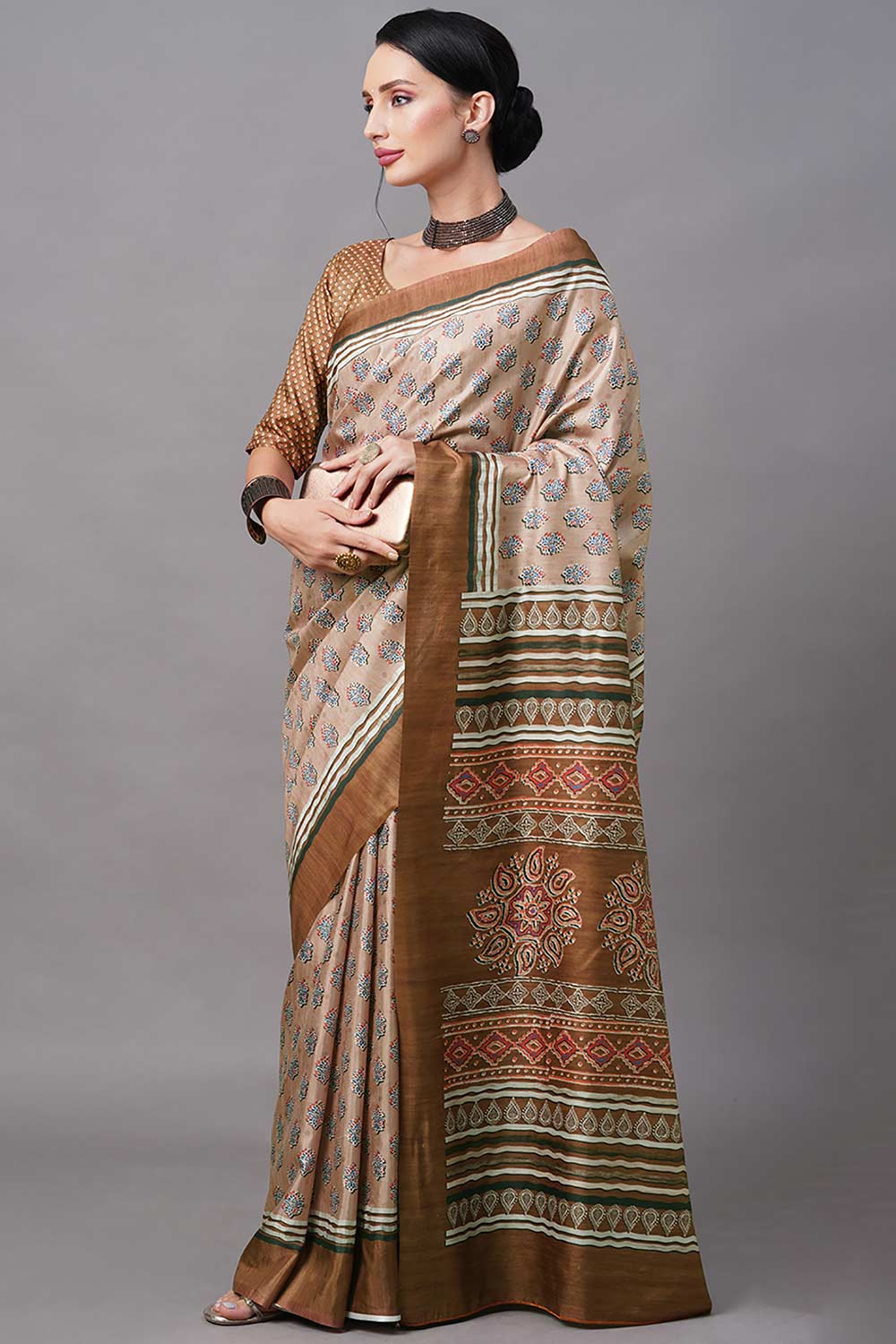 Dola Silk Brown Digital Print Designer Saree