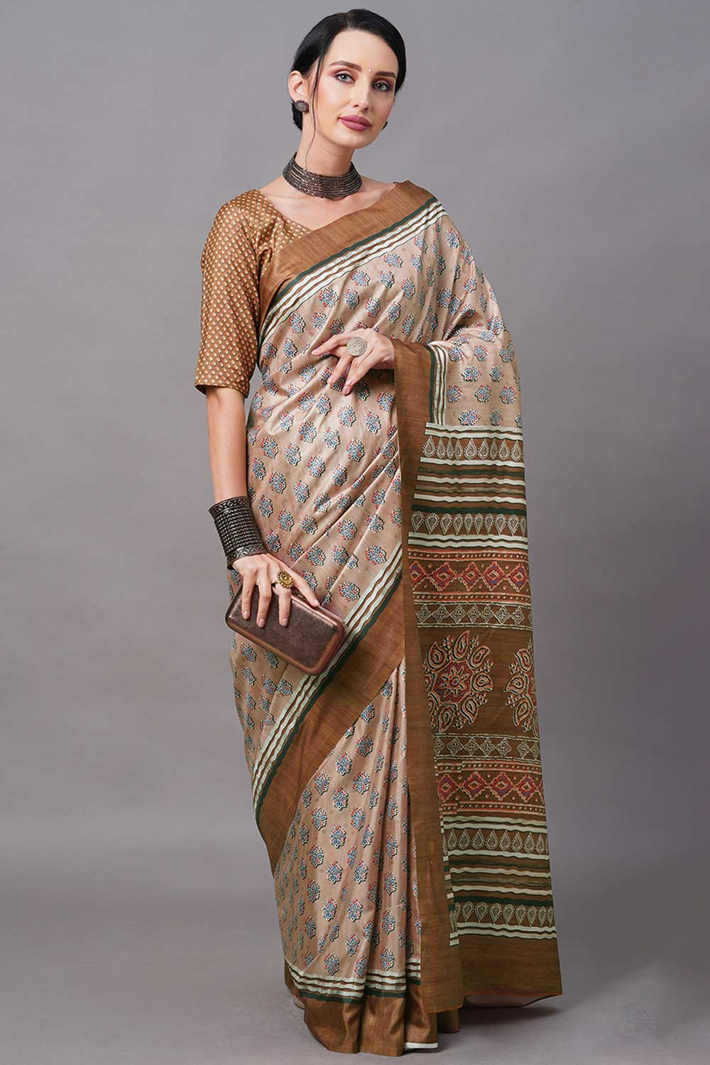 Dola Silk Brown Digital Print Designer Saree