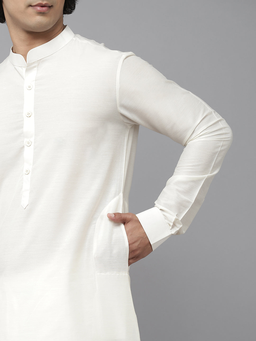 Buy Men's Off-White Silk Jacquard Woven Design Kurta Pajama Jacket Set Online - Zoom Out