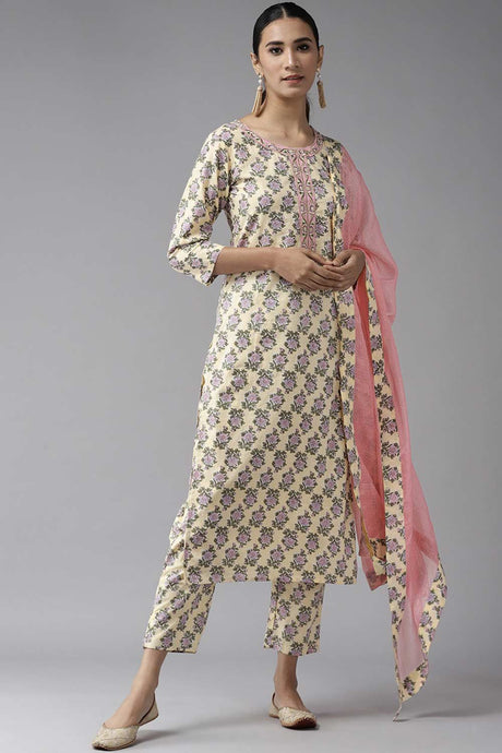 Buy Pure Cotton Floral Printed Ready to Wear Suit Set in Light Yellow Online