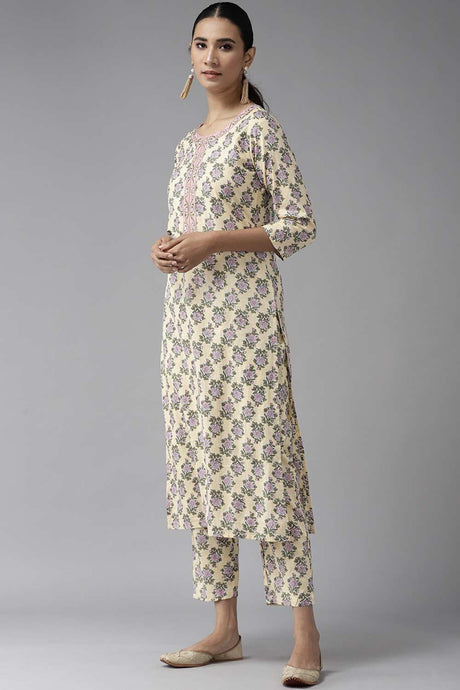 Buy Pure Cotton Floral Printed Ready to Wear Suit Set in Light Yellow Online - Back