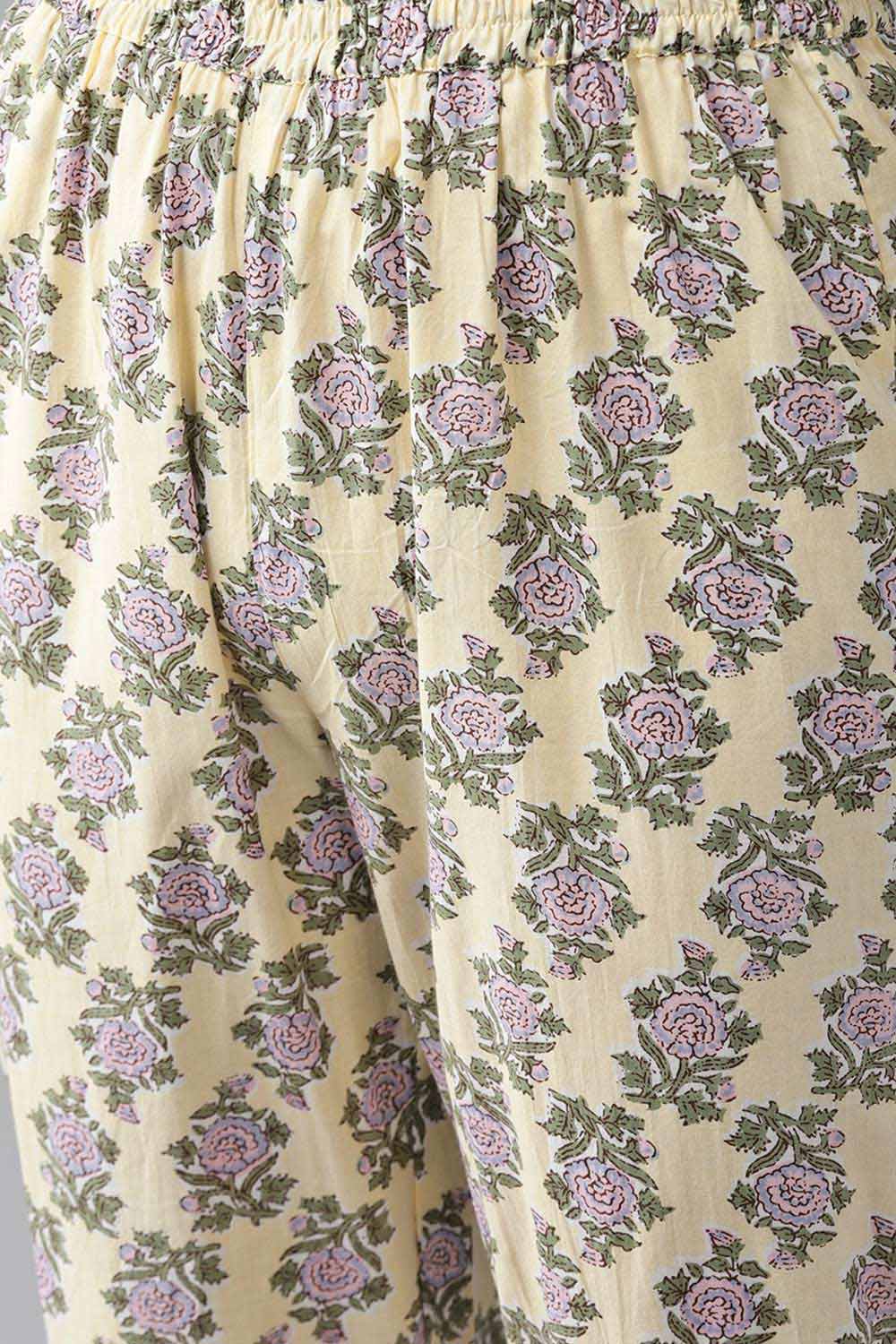 Buy Pure Cotton Floral Printed Ready to Wear Suit Set in Light Yellow Online - Zoom In