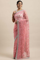 Net Embroidered Saree In Pink