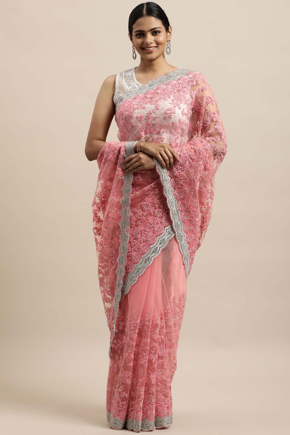 Net Embroidered Saree In Pink