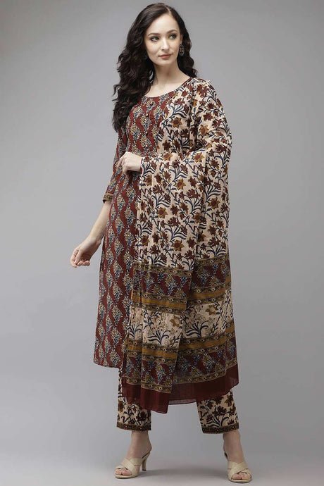 Buy Pure Cotton Batik Printed Ready to Wear Suit Set in Maroon Online