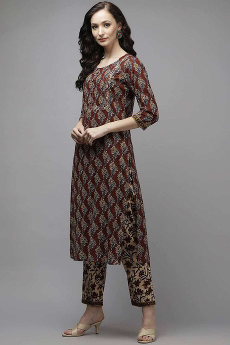 Buy Pure Cotton Batik Printed Ready to Wear Suit Set in Maroon Online - Back