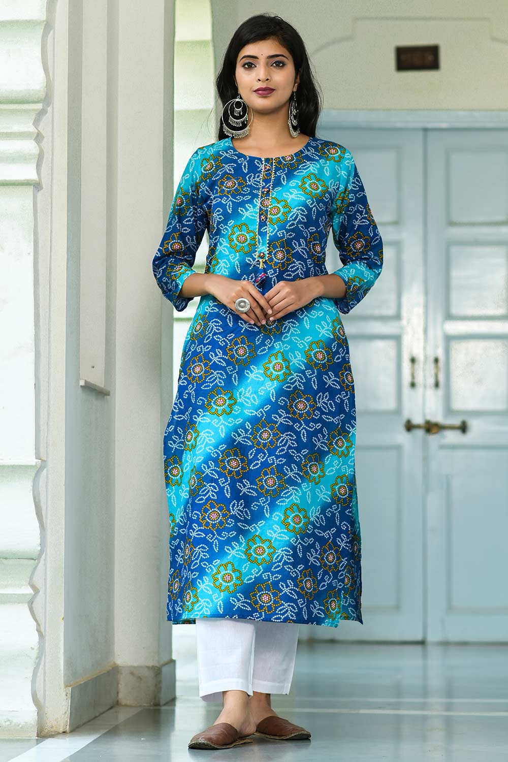 Buy Blended Cotton Bandhani Printed Kurta Top in Blue Online