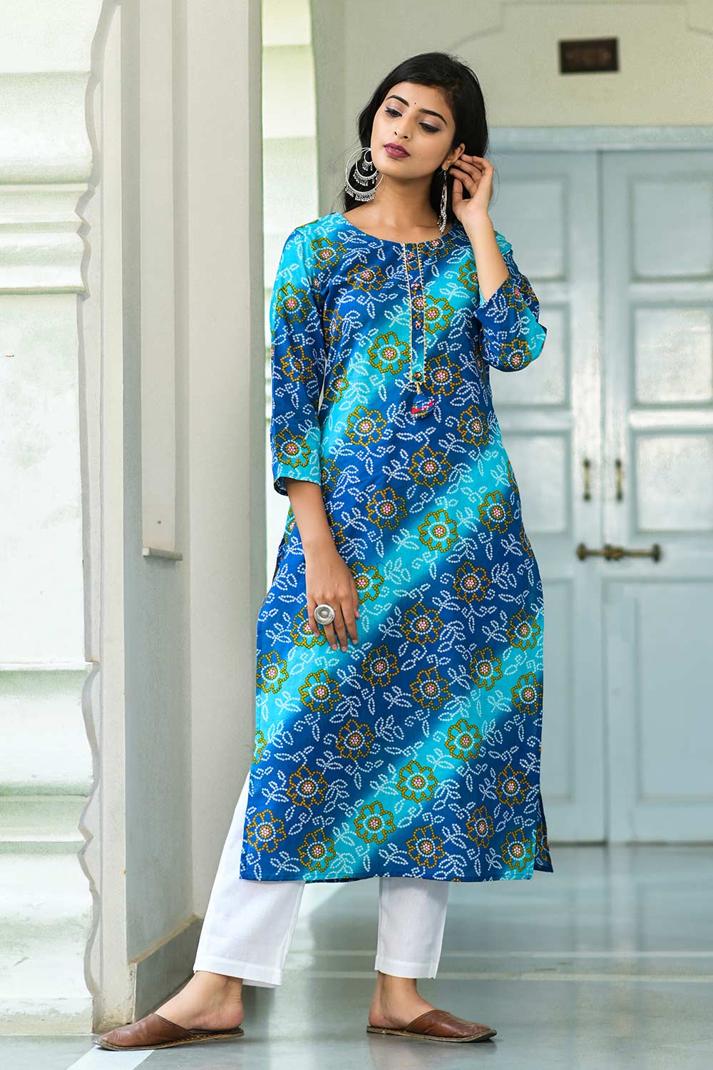 Buy Blended Cotton Bandhani Printed Kurta Top in Blue Online - Front