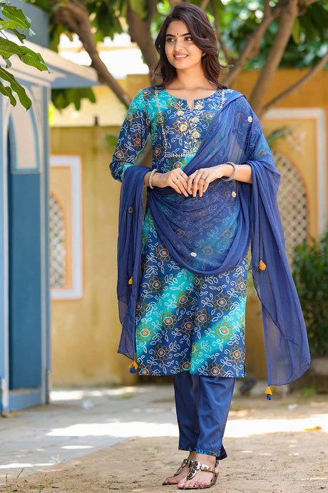Buy Pure Cotton Bandhani Printed Ready to Wear Suit Set in Blue Online