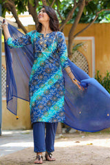 Buy Pure Cotton Bandhani Printed Ready to Wear Suit Set in Blue Online - Back