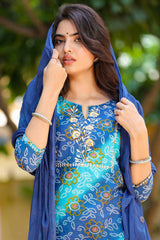 Buy Pure Cotton Bandhani Printed Ready to Wear Suit Set in Blue Online - Side