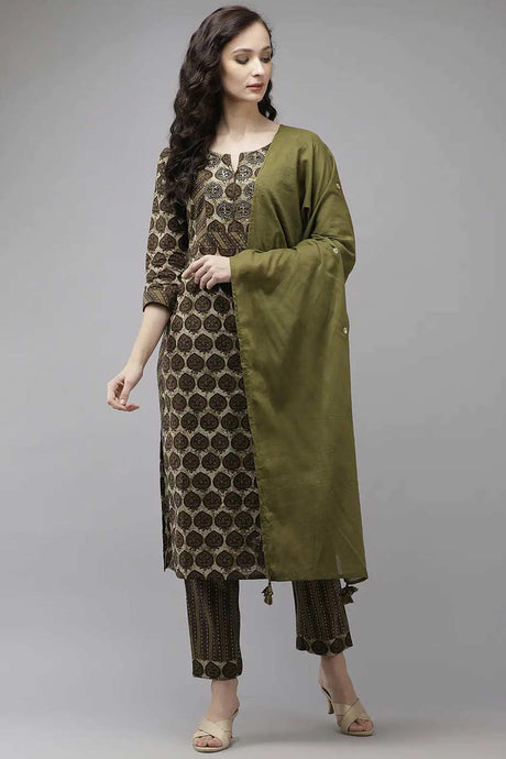 Buy Pure Cotton Batik Printed Ready to Wear Suit Set in Olive green Online
