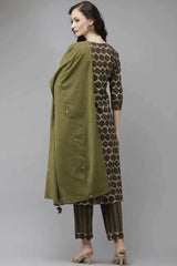 Buy Pure Cotton Batik Printed Ready to Wear Suit Set in Olive green Online - Front
