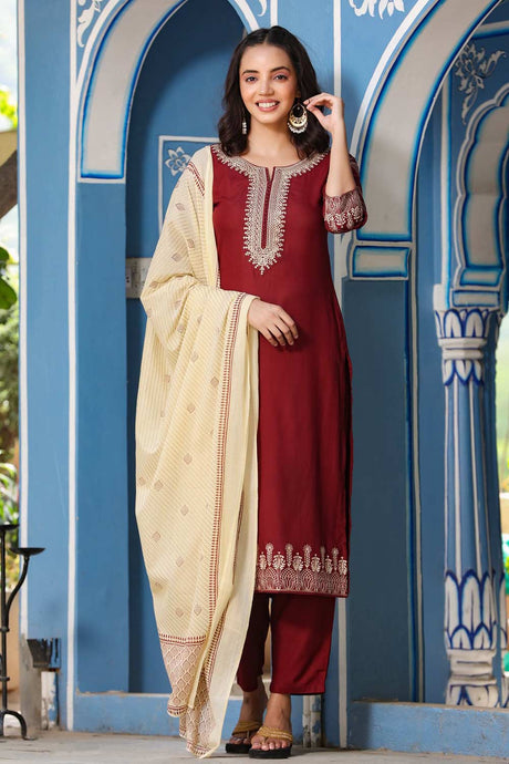 Buy Viscose Rayon Embroidered Ready to Wear Suit Set in Maroon Online