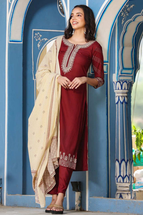 Buy Viscose Rayon Embroidered Ready to Wear Suit Set in Maroon Online - Back