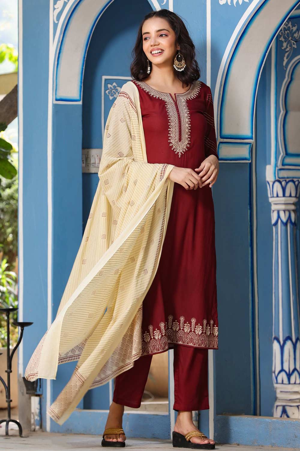 Buy Viscose Rayon Embroidered Ready to Wear Suit Set in Maroon Online - Front