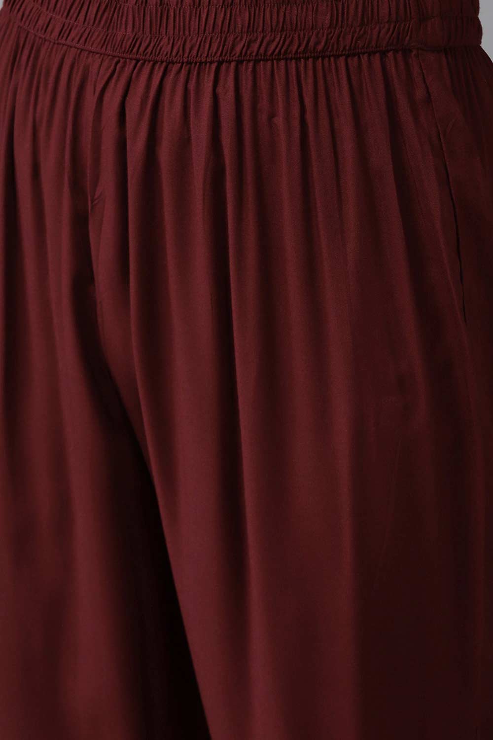 Buy Viscose Rayon Embroidered Ready to Wear Suit Set in Maroon Online - Zoom In