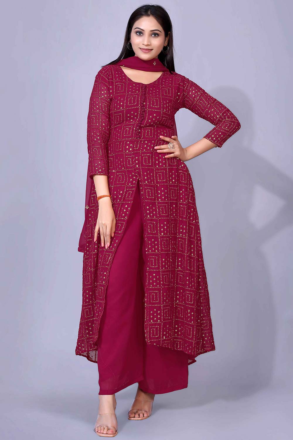 Cherry Faux Georgette Suit Set With Embroidery Sequence Work