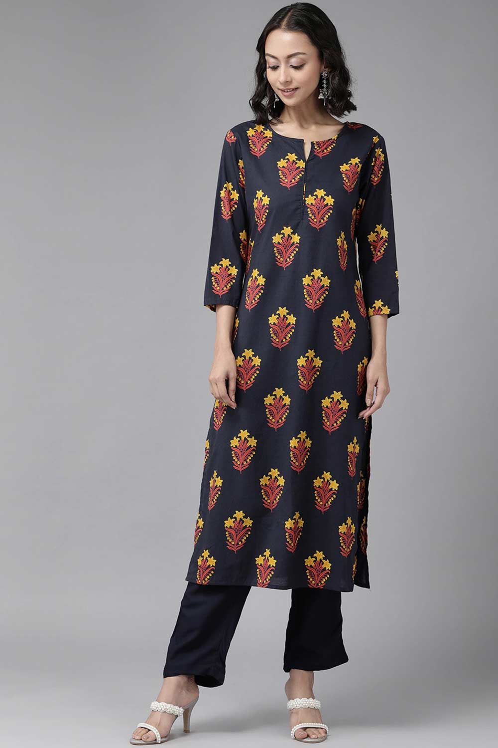 Buy Pure Cotton Floral Block Printed Ready to Wear Kurta Set in Navy Blue Online