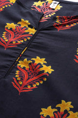 Buy Pure Cotton Floral Block Printed Ready to Wear Kurta Set in Navy Blue Online - Side
