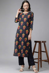 Buy Pure Cotton Floral Block Printed Ready to Wear Kurta Set in Navy Blue Online - Zoom Out