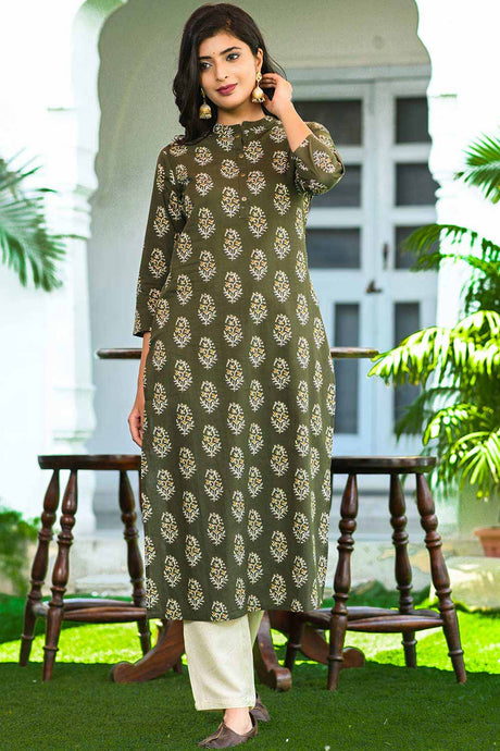 Buy Pure Cotton Batik Block Printed Ready to Wear Kurta Set in Green Online