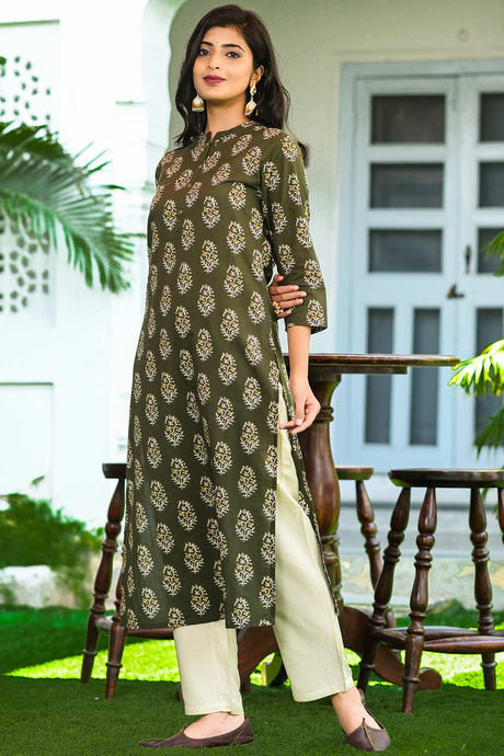 Buy Pure Cotton Batik Block Printed Ready to Wear Kurta Set in Green Online - Back